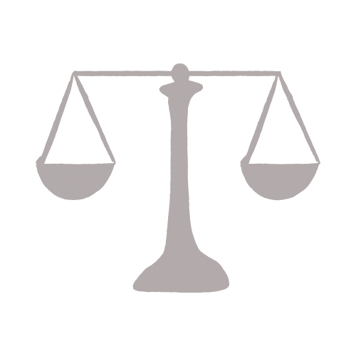 A gray icon of a balance scale with two pans hanging from a central support.