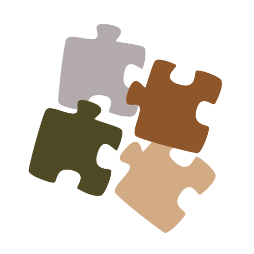 Four interconnected puzzle pieces in gray, brown, green, and beige.