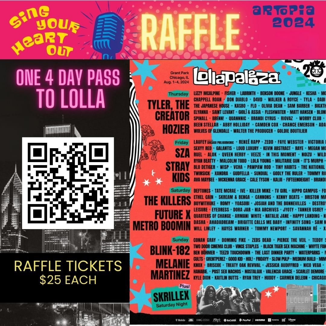 Last chance! Purchase your $25 Lolla 4-day pass raffle ticket by 11:59pm on April 18! Winner will be drawn at our Artopia event on April 19 and will be notified by email. Link to Artopia event and raffle purchase in bio.