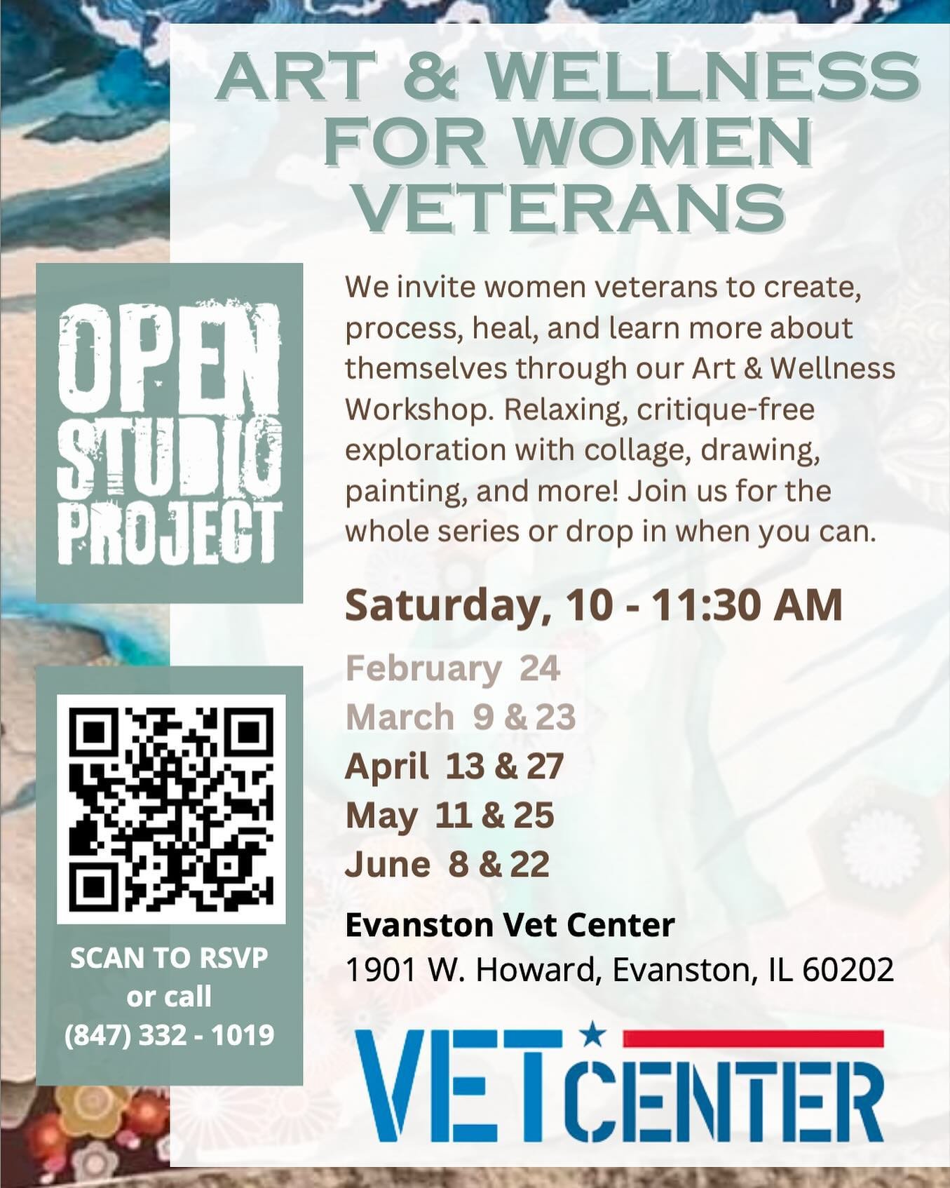 The Evanston Vet Center hosts an Open Studio Project art workshop for women veterans on the 2nd &amp; 4th Saturday of every month. Join us this Saturday 4/27! We&rsquo;ll be enjoying some stress-free creative time together&mdash;making, chatting, and