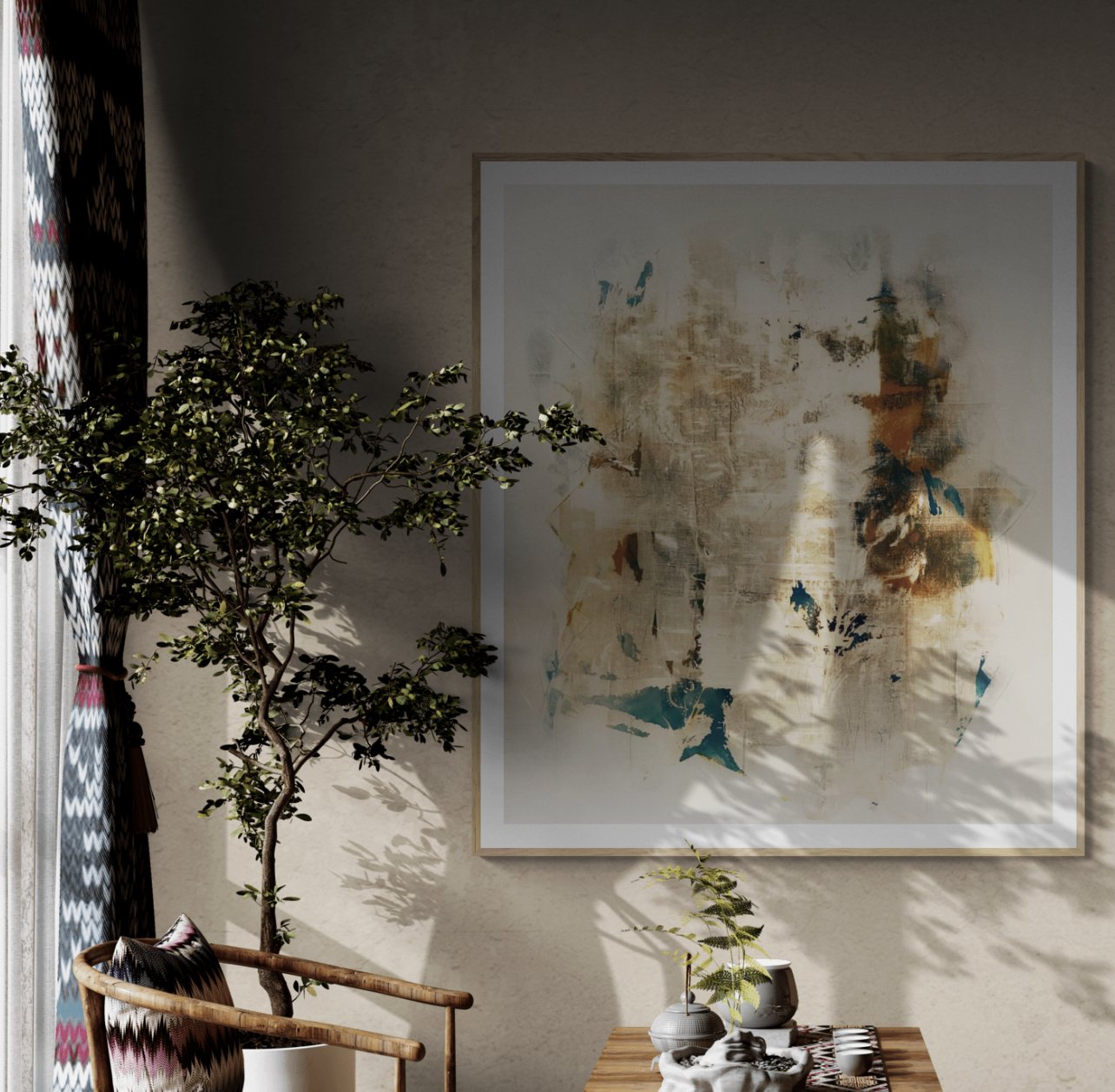 A living room corner with a large abstract painting on the wall, a tall potted tree, a wooden table with decorative vases, a plant, and a chair with a patterned cushion. Sunlight casts shadows on the wall.