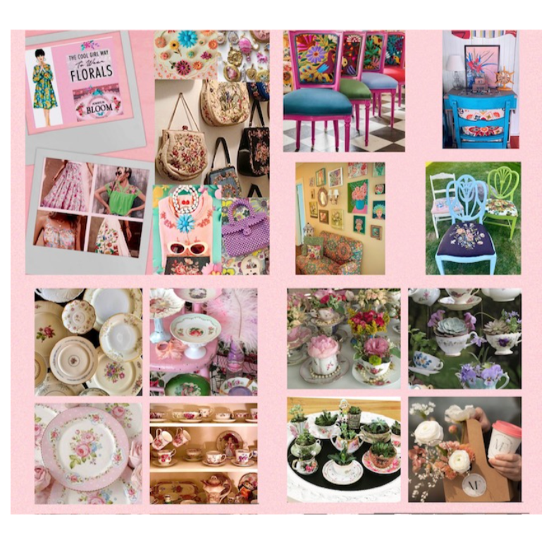 Collage of images showcasing floral finds and vintage designs including handbags, chairs, dishes, teacups, and decorative items at Always In Bloom Studio.