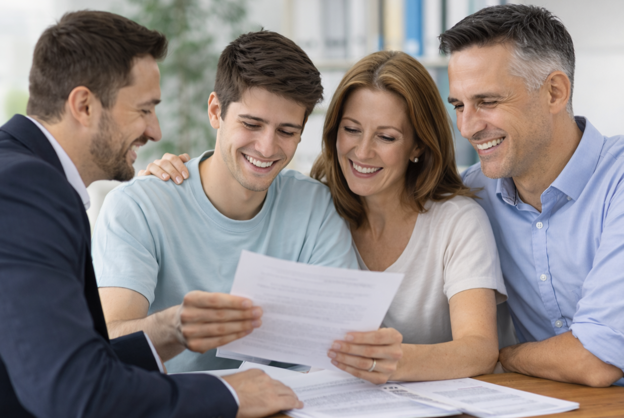 Family with two adult men and a woman happily looking at documents together at a table.