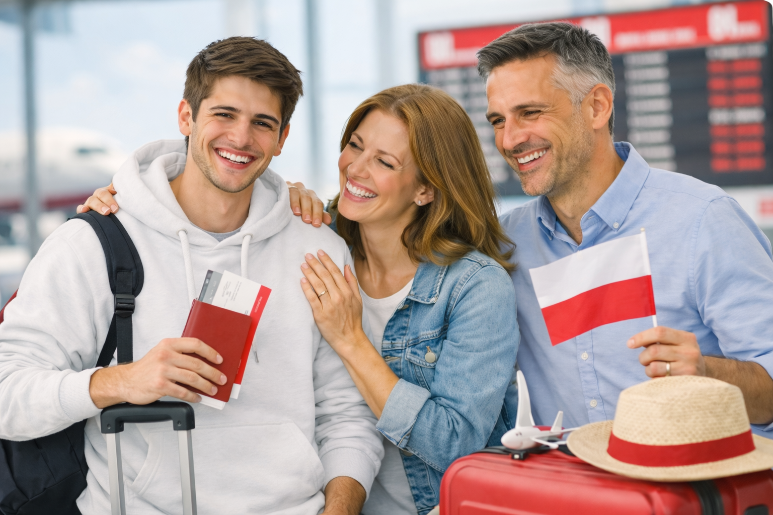 A happy family at an airport, with a teenage boy holding a red passport and boarding pass, a woman in the middle smiling with her hand on the boy's shoulder, and a man on the right holding a small Polish flag. There are travel accessories like a straw hat, a miniature airplane model, and a red suitcase in front of the man.