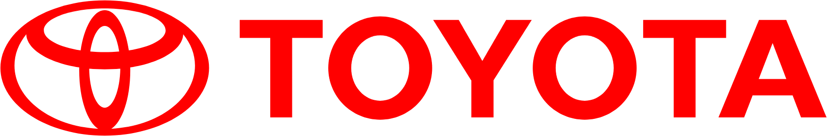 Toyota logo in red, featuring stylized oval emblem and company name text.