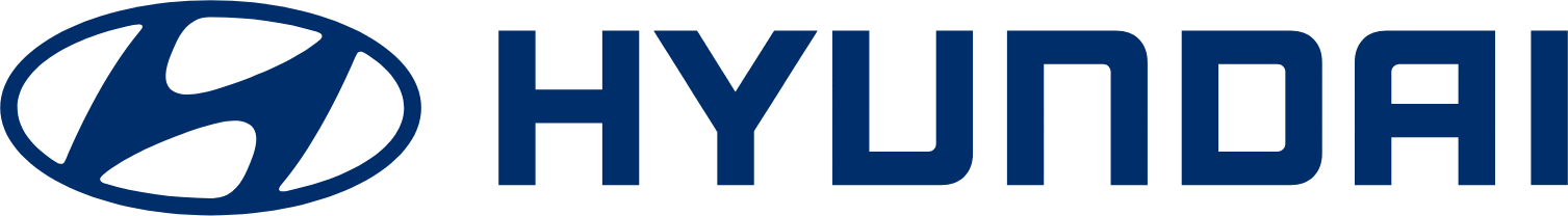 Hyundai logo with blue lettering and oval emblem.