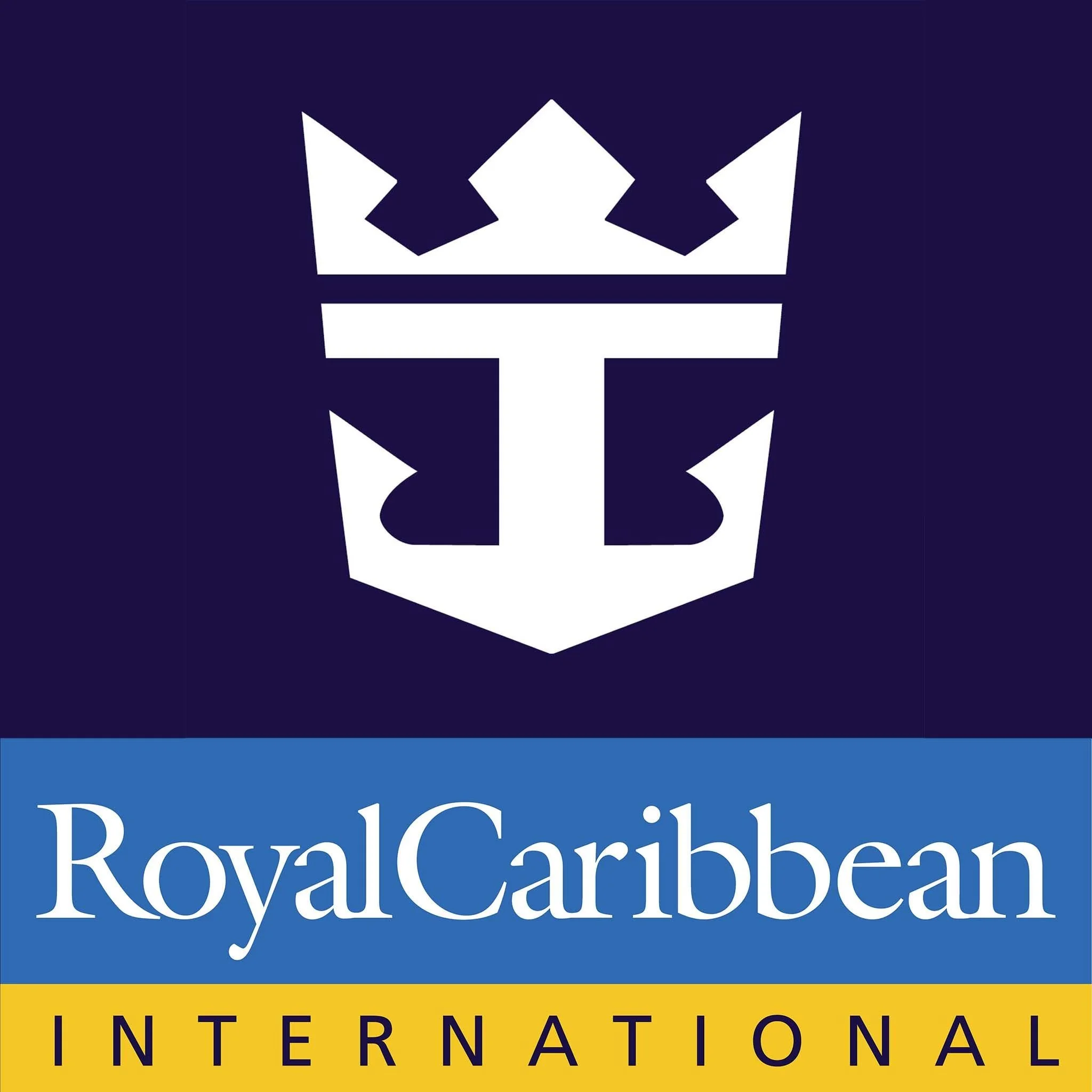 Royal Caribbean International logo with a stylized crown and anchor symbol on a dark blue background and the company name in white text.