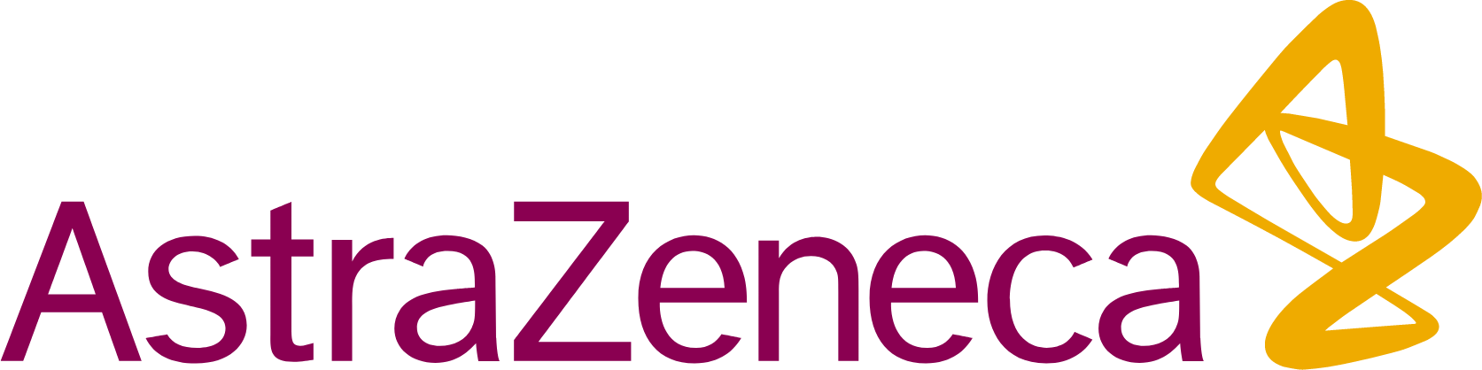 AstraZeneca logo with magenta text and a stylized yellow symbol.