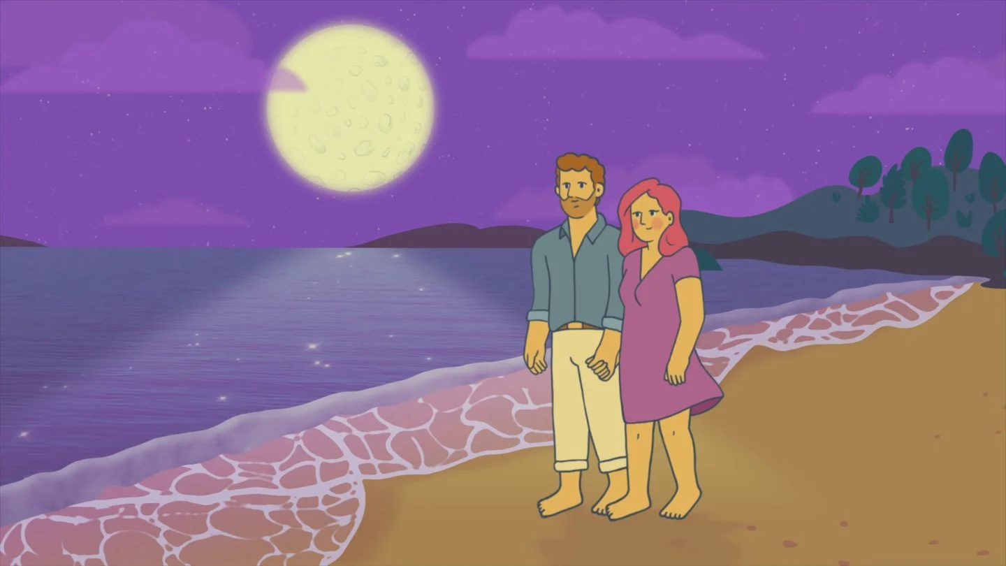 A cartoon couple standing barefoot on a beach at night under a full moon with purple sky, stars, hills, and trees in the background.