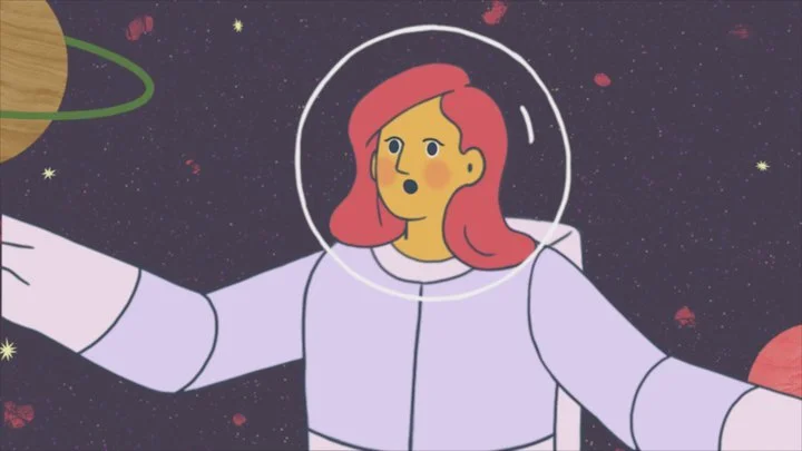 An illustrated person with red hair wearing a space helmet and a white space suit, floating in space with planets and stars in the background.