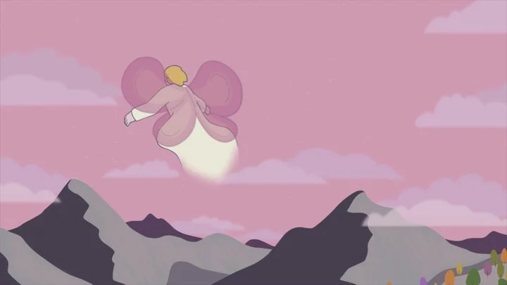 An animated angel with pink wings flying over mountains and clouds in a pink sky.
