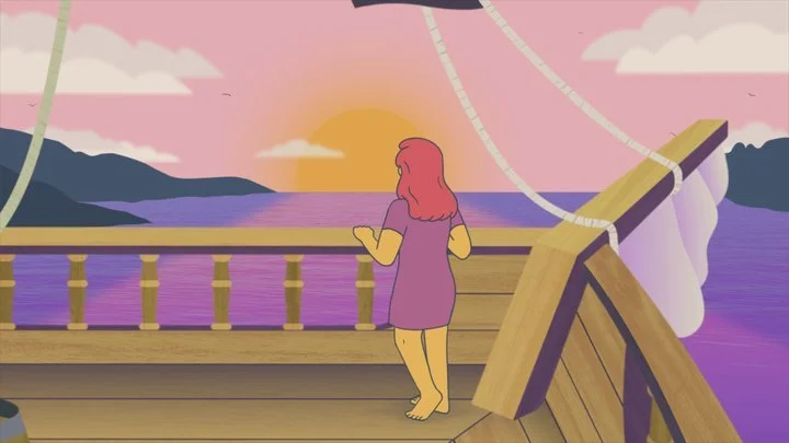 A woman with pink hair in a purple dress stands on the deck of a boat, gazing at a sunset over the water.