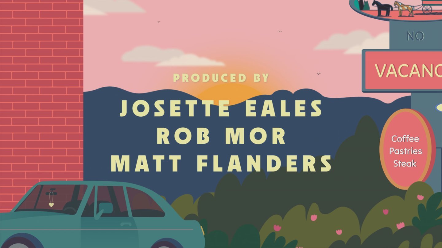 Animated scene showing a sunset over mountains with a pink sky, part of a brick building on the left, a teal car in the foreground, and a sign indicating vacancies and menu items like coffee, pastries, and steak.
