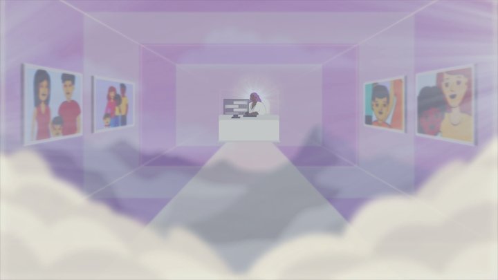 Digital illustration of an art gallery with paintings on purple walls and a person at a computer desk at the back of the room, viewed from above among clouds.