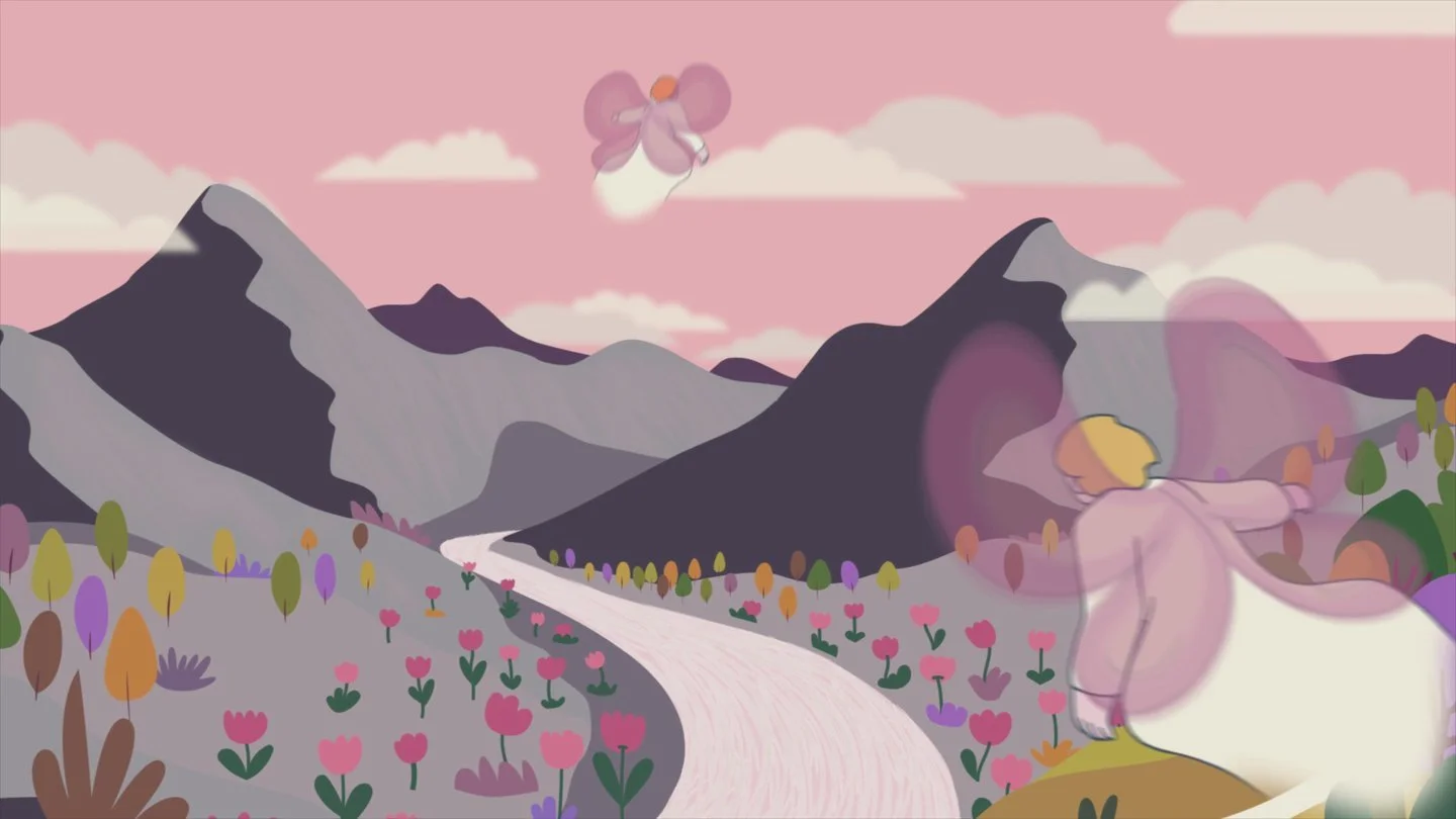 Digital illustration of a person with blonde hair, wearing a pink jacket, walking in a colorful mountainous landscape with pink tulip flowers along a winding path, purple trees, and mountains under a pink sky with clouds.