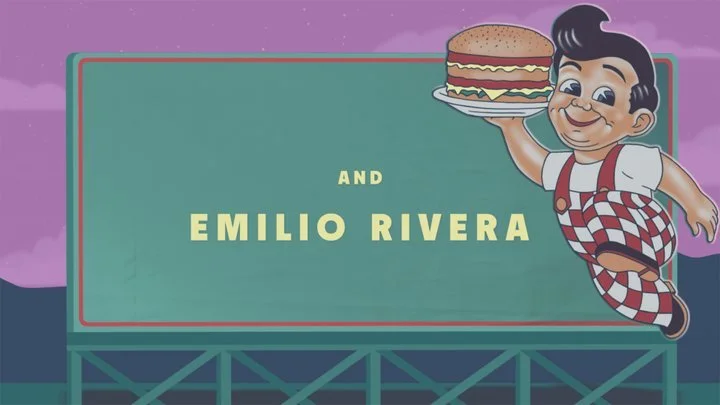 An animated billboard with a cartoon boy holding a hamburger, and text that reads 'and Emilio Rivera' against a purple sky background.