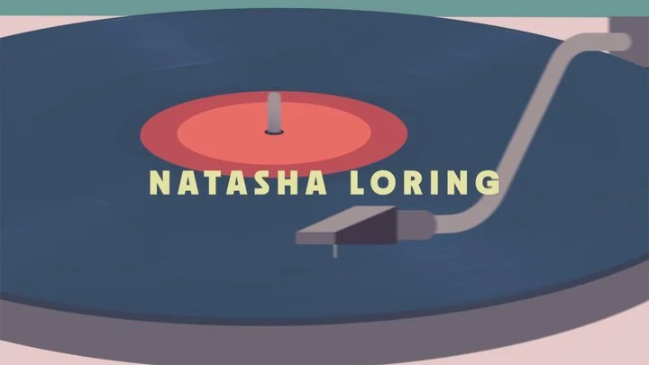 Illustration of a vinyl record player with the text 'Natasha Loring' over the record.