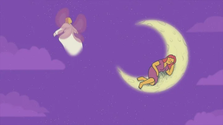 A girl sleeping on a crescent moon with a purple background, stars, clouds, and a flying angel girl dressed in purple with wings.