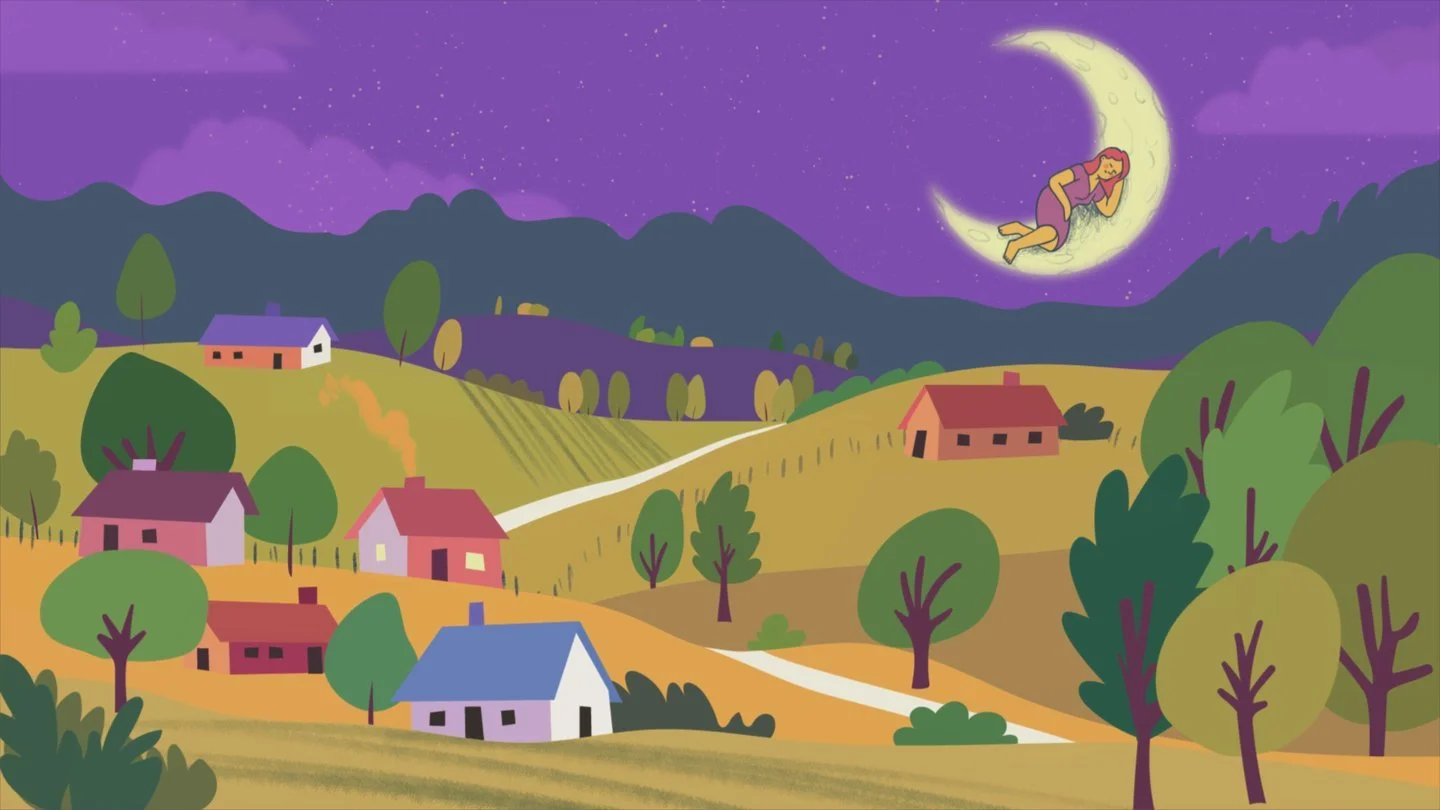 Illustration of a nighttime rural landscape with colorful houses on rolling hills, trees, and a starry sky with a crescent moon. A girl is sleeping on the moon, floating above the scene.