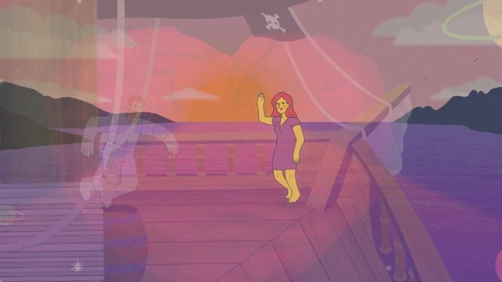 Animated scene of a woman on a boat waving with a sunset sky in the background, featuring mountains, clouds, and a shark silhouette in the sky.