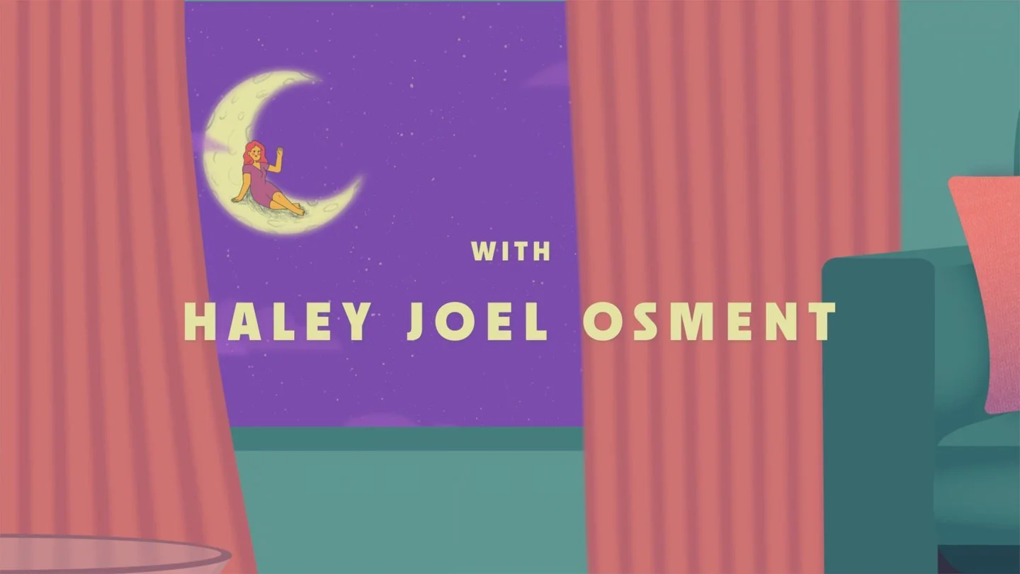 Animated scene showing a purple sky with a crescent moon and a woman sitting on it, with curtains partially open revealing this scene and text indicating the presence of Haley Joel Osment.