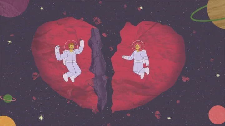 Two cartoon astronauts are floating in space, each inside half of a broken heart-shaped asteroid, with a space background of stars and planets.