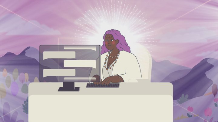 A woman with purple hair sitting at a desk with a computer, with a radiant light and mountains in the background.
