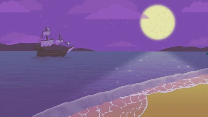 A calm night scene with a full moon over purple sky, reflecting on the water near a sandy beach, with a sailing ship in the distance.