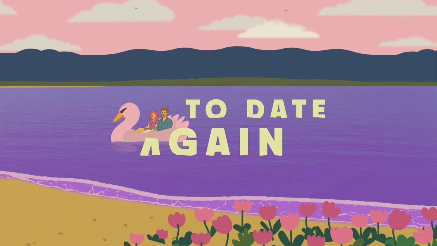 An illustration of a lake with a mountain in the background, pink sky, flowering plants at the shore, and two people on a swan-shaped boat. Text reads 'To Date Again'.