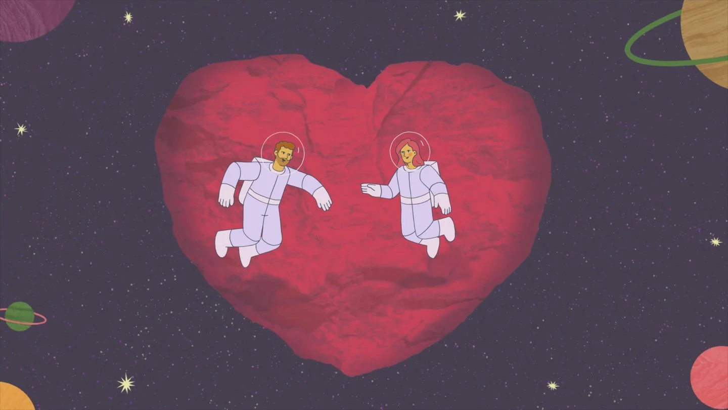 Animated illustration of two astronauts floating in space next to a large red heart-shaped asteroid with stars and planets in the background.