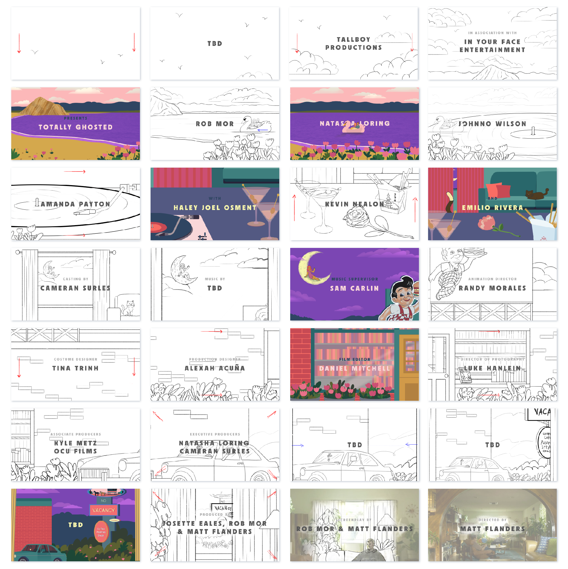 A collage of storyboards for an animated production, featuring sketches and colored illustrations of landscapes, characters, and settings, including lakes, mountains, and indoor scenes. Several segments display names of contributors and production roles, such as Rob Mor, Natalia Laoring, Emilio Rivera, and others.