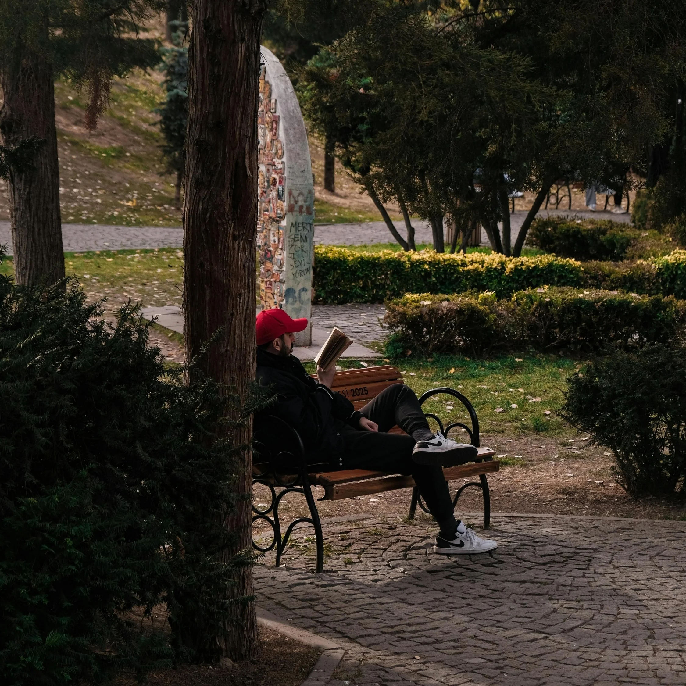Man sitting on park bench reading a book.