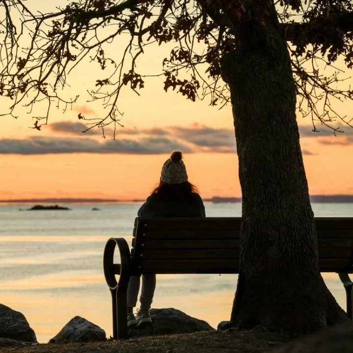 Person sitting on park bench at sunset by the water, reflecting in quiet solitude.