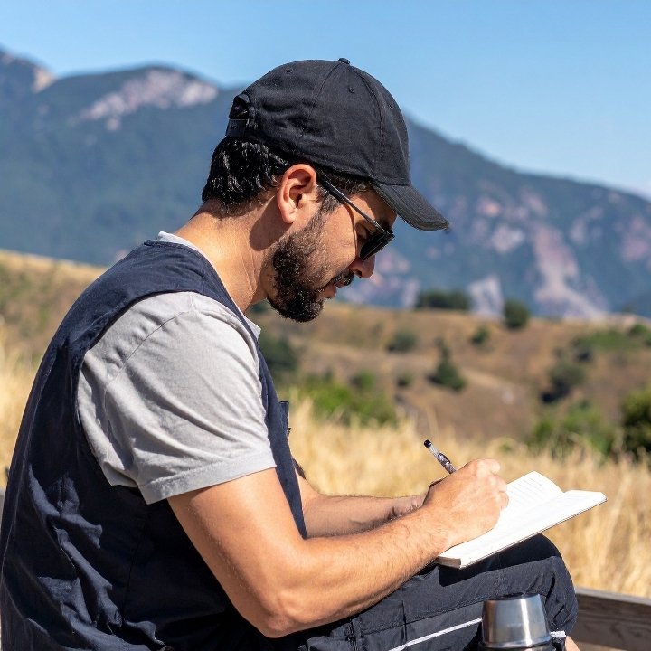 Man sitting outdoors writing in journal with mountains in background, practicing mindful reflection.