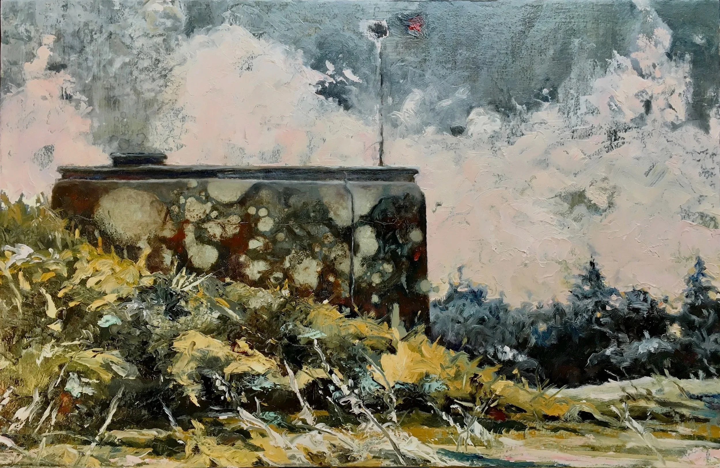 Old Tub, 2019,  Oil Paint and Monotype on Panel,  13 x 20 Inches 