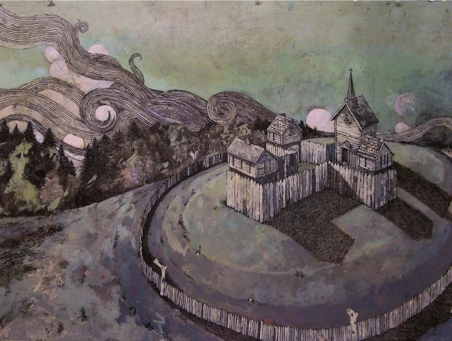Hill Top Settlement, 2008, Acrylic, Ink and Polyurethane, 22 x 30 Inches