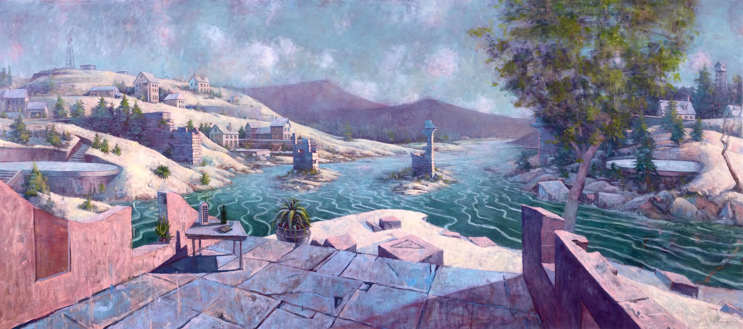 Tell Me About The River Crossing , 2025, Oil on Panel, 35 x 78 inches 