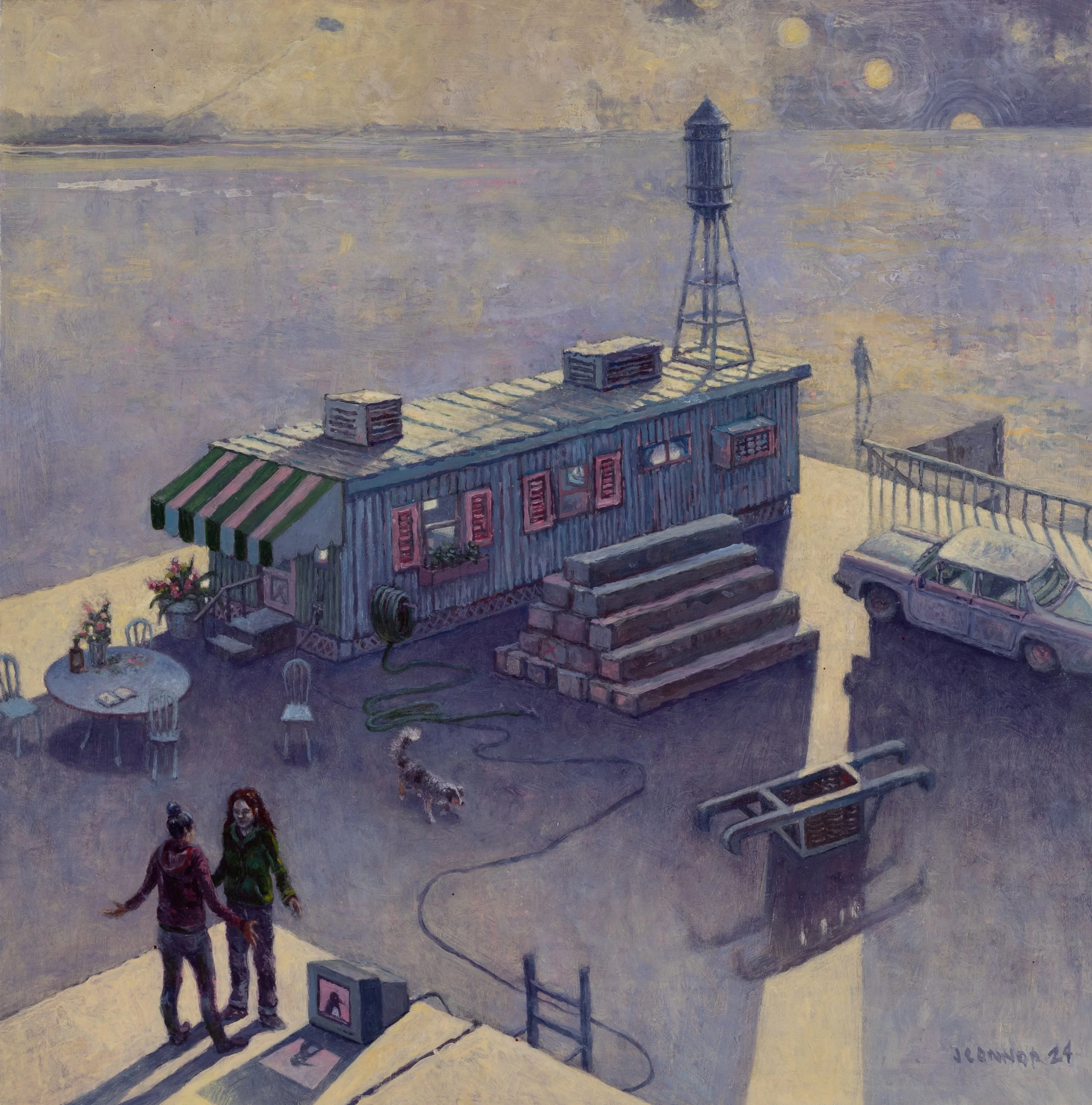 From the Train-Negotiation, 2024, Oil on Panel, 12 x 12 inches 