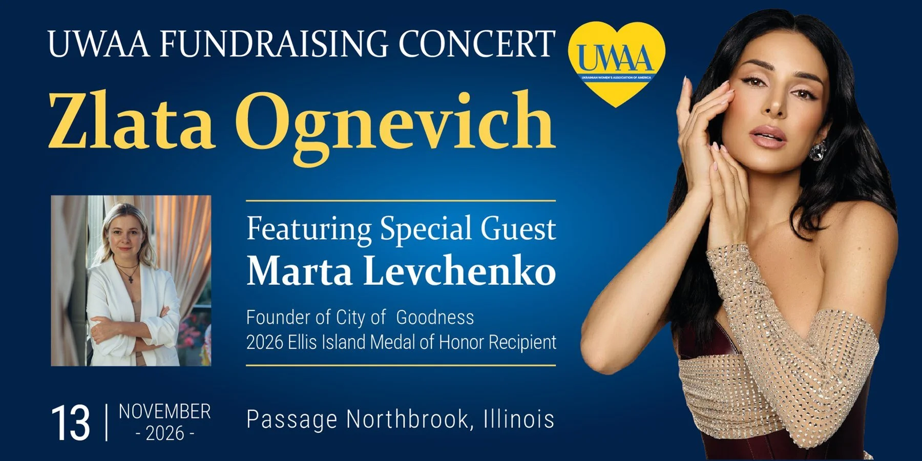 UWAA Fundraising Concert — Zlata Ognevich, featuring special guest Marta Levchenko, founder of City of Goodness — 13 November 2026, Passage, Northbrook, Illinois
