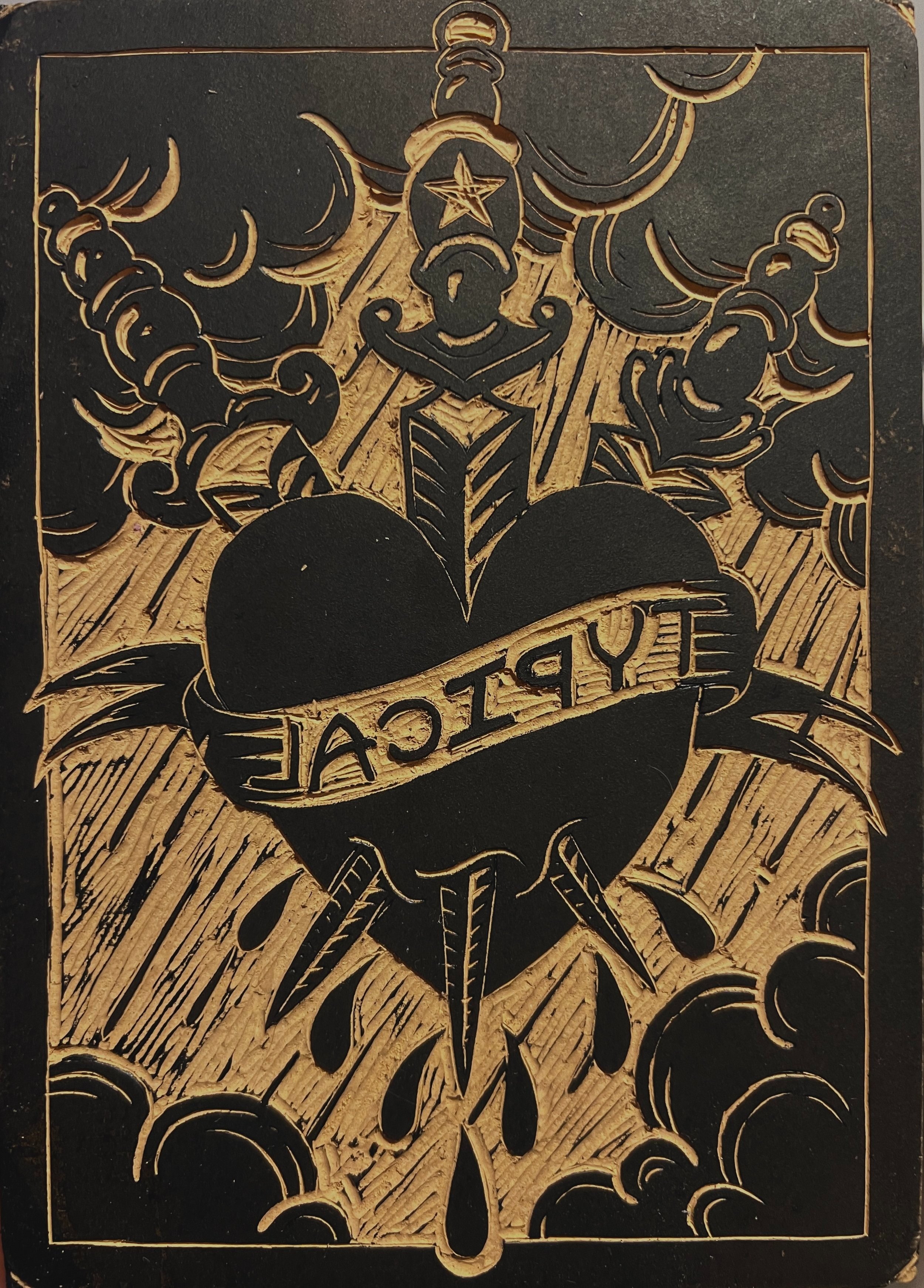 linocut, tarot, three of swords, heartbreak, betrayal,
