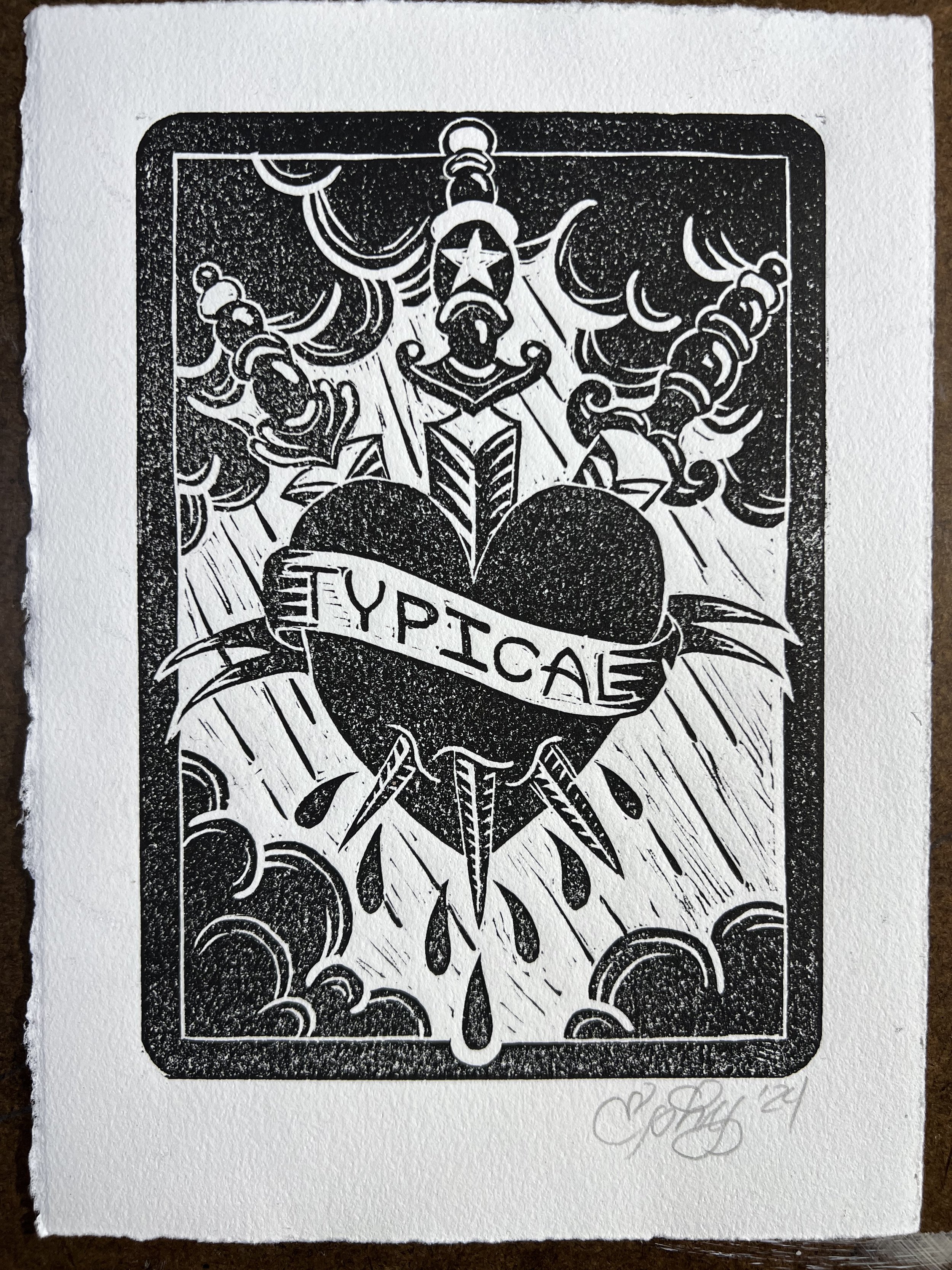 linocut, tarot, three of swords, heartbreak, betrayal,