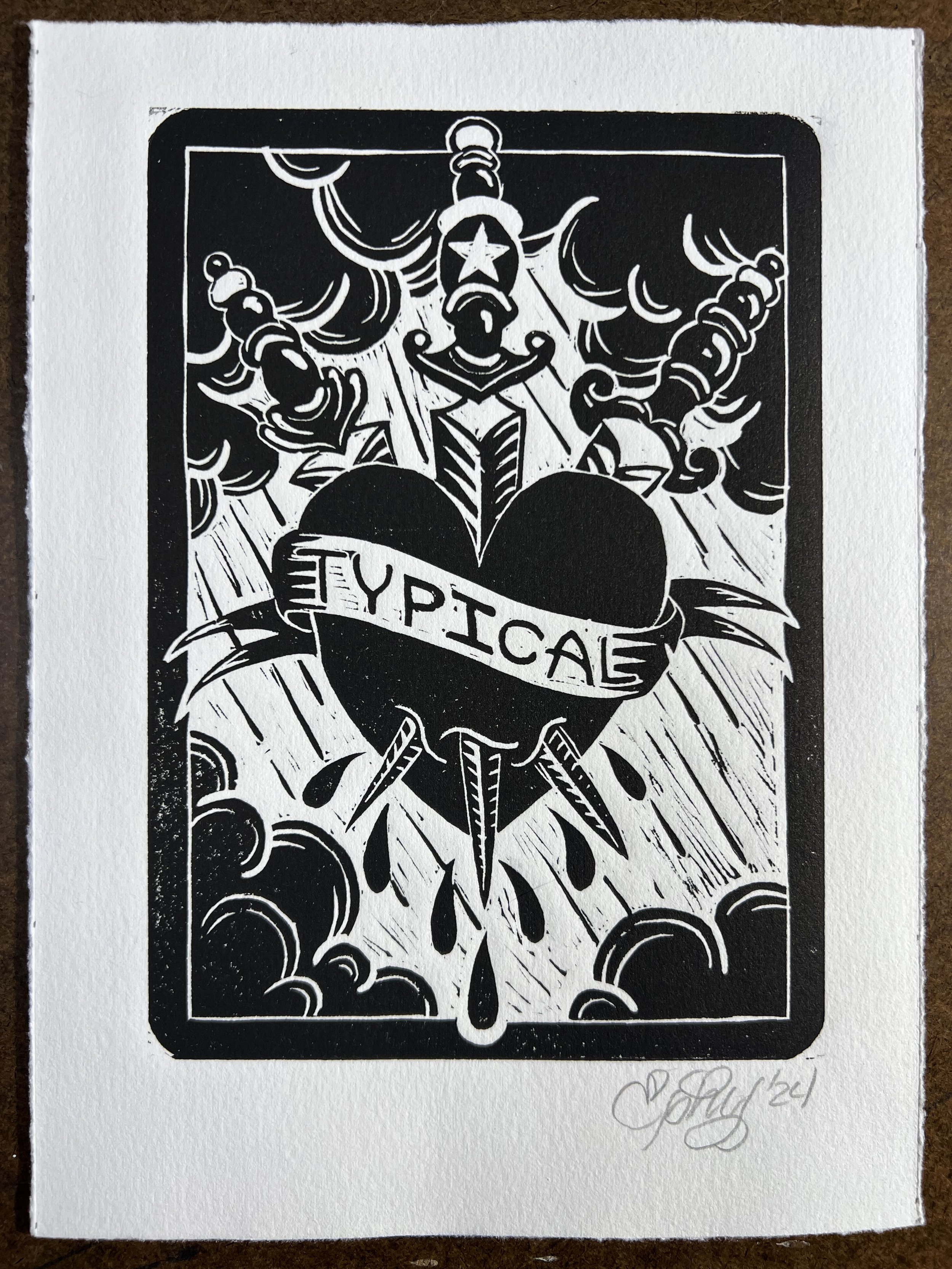 linocut, tarot, three of swords, heartbreak, betrayal,