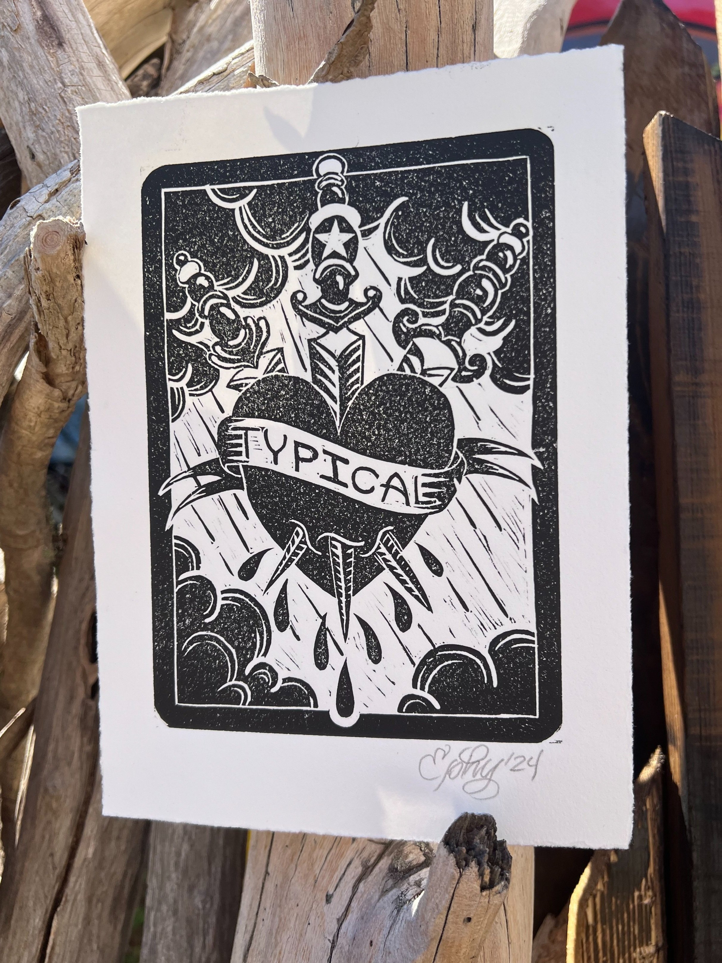linocut, tarot, three of swords, heartbreak, betrayal,