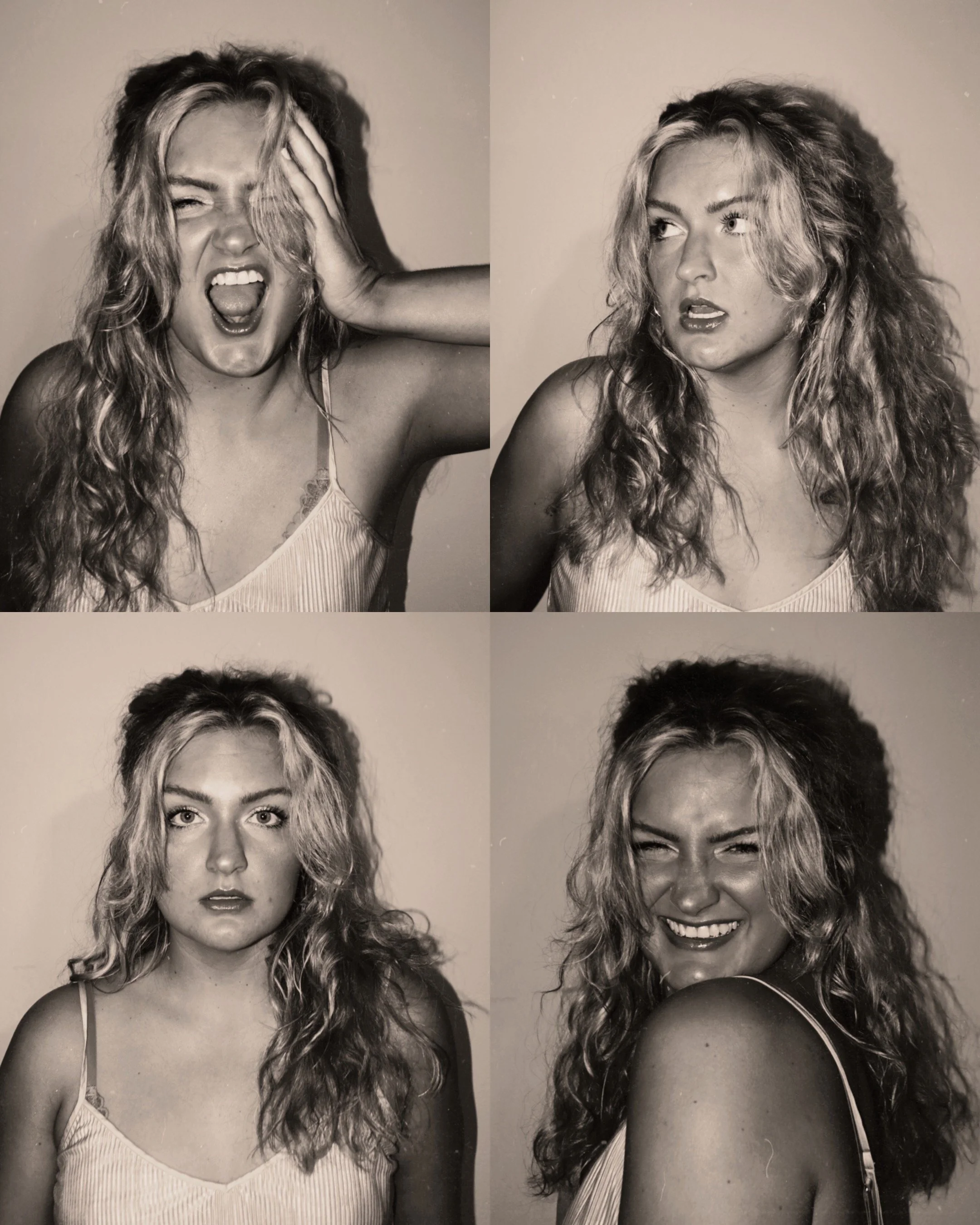 A collage of four black-and-white photographs of a woman with curly hair, showing different emotional expressions and poses.