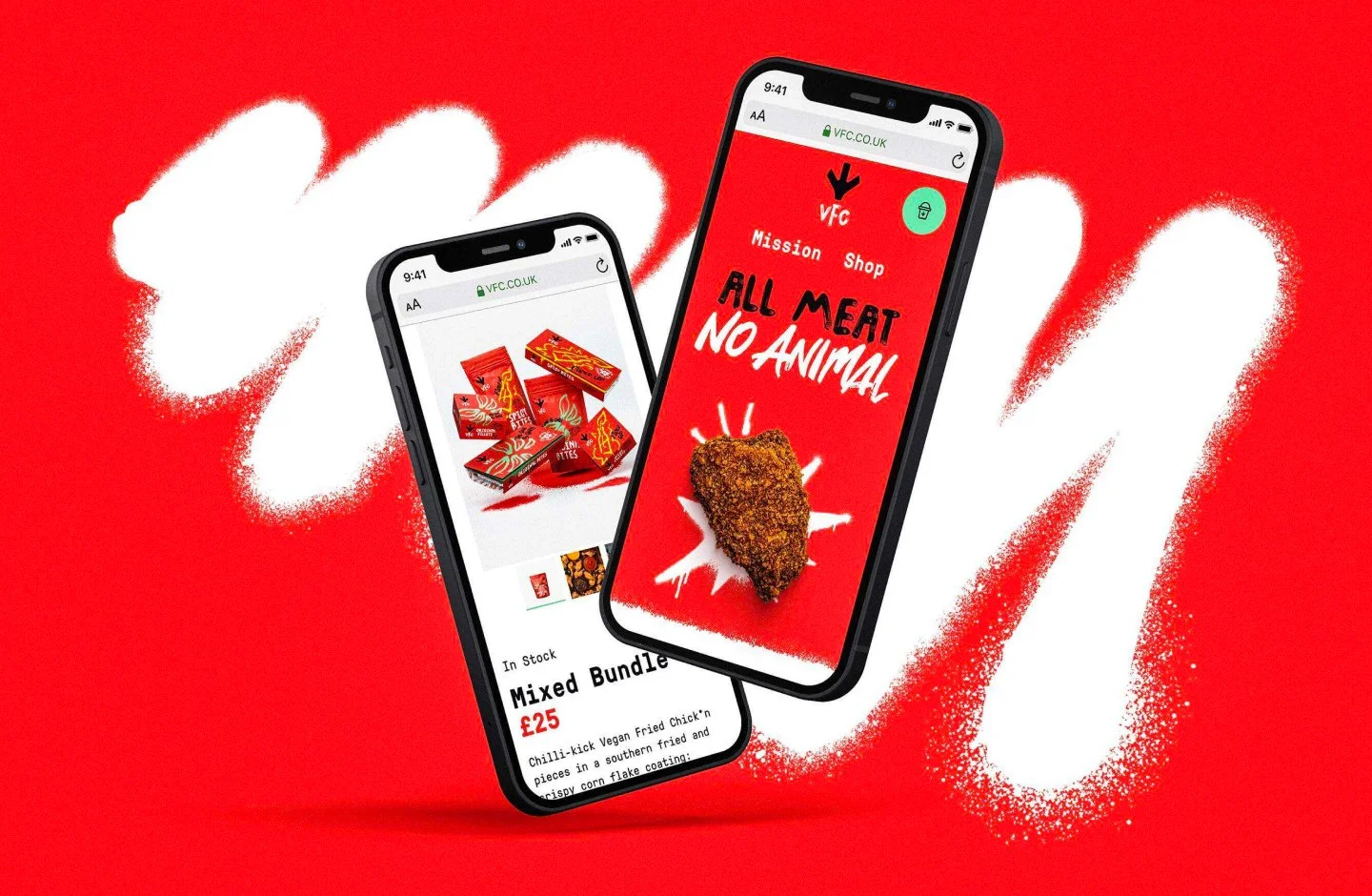 Two smartphones displaying vegan fast food menu screens against a red background with white spray paint design.
