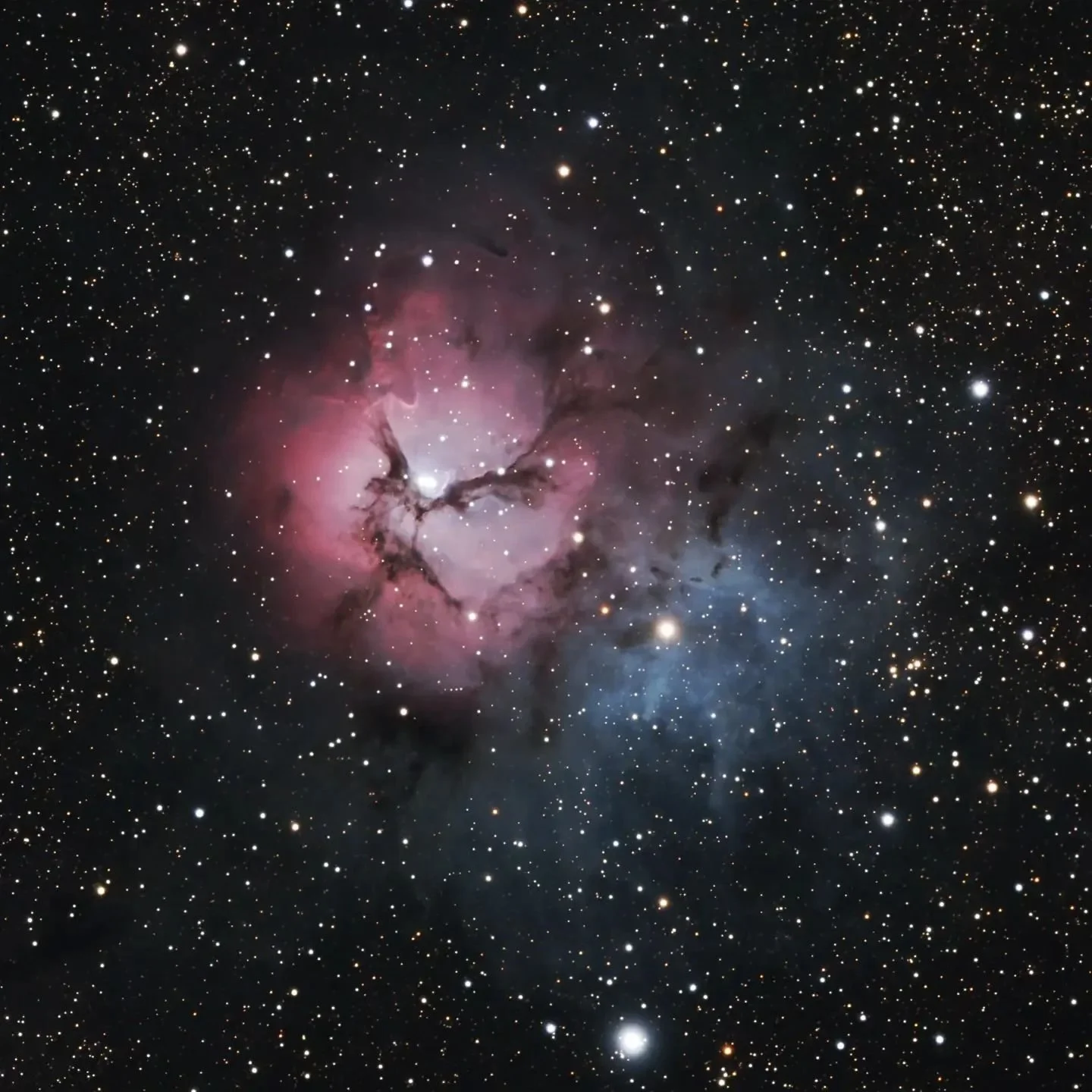 This has to be one of my favorites so far, M20, the Trifid Nebula. The blue comes from ionized oxygen and the pink, ionized hydrogen. It's such a cool combo especially with the dark nebula in the pink.

#m20 #trifidnebula #stellarvue #zwo #astrophoto