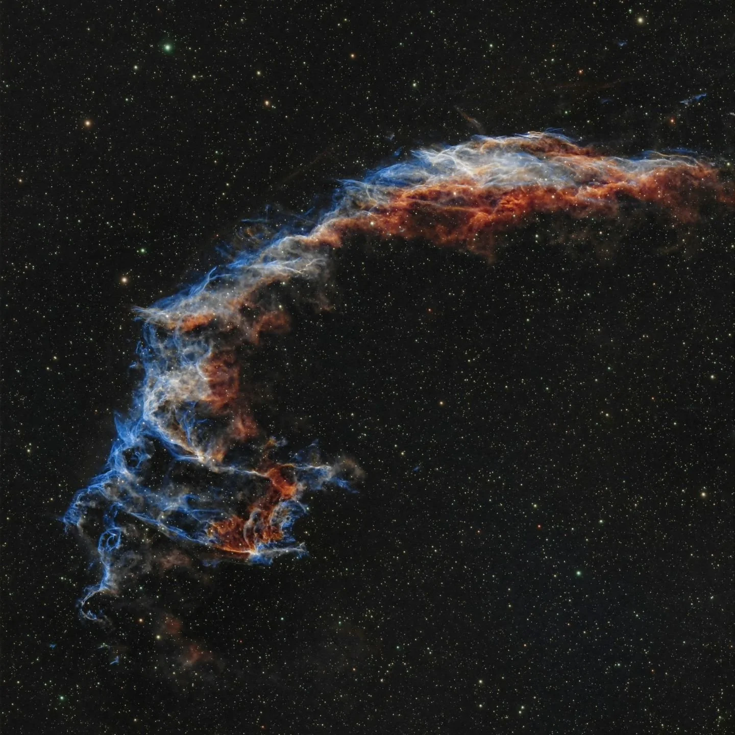 Eastern Veil Nebula

This is just a piece of a huge supernova remnant in the constellation Cygnus. The entire nebula is about 36 times the apparent size of the full moon. This small bright piece is about the size of 1 full moon. As with most nebulas,
