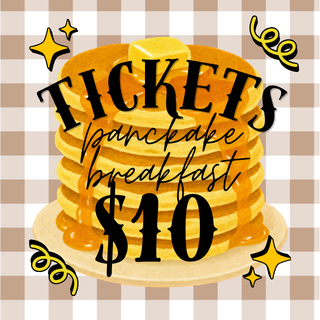 Stack of pancakes with syrup, topped with butter, advertising tickets, pancake, breakfast for $10.
