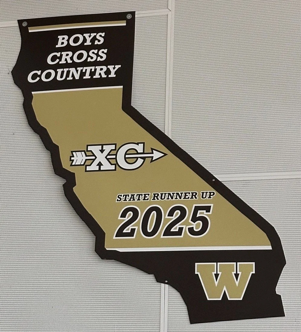 A decorative map of California with text indicating a boys cross country team, a 'XC' logo, a state runner-up achievement for 2025, and a 'W' at the bottom.