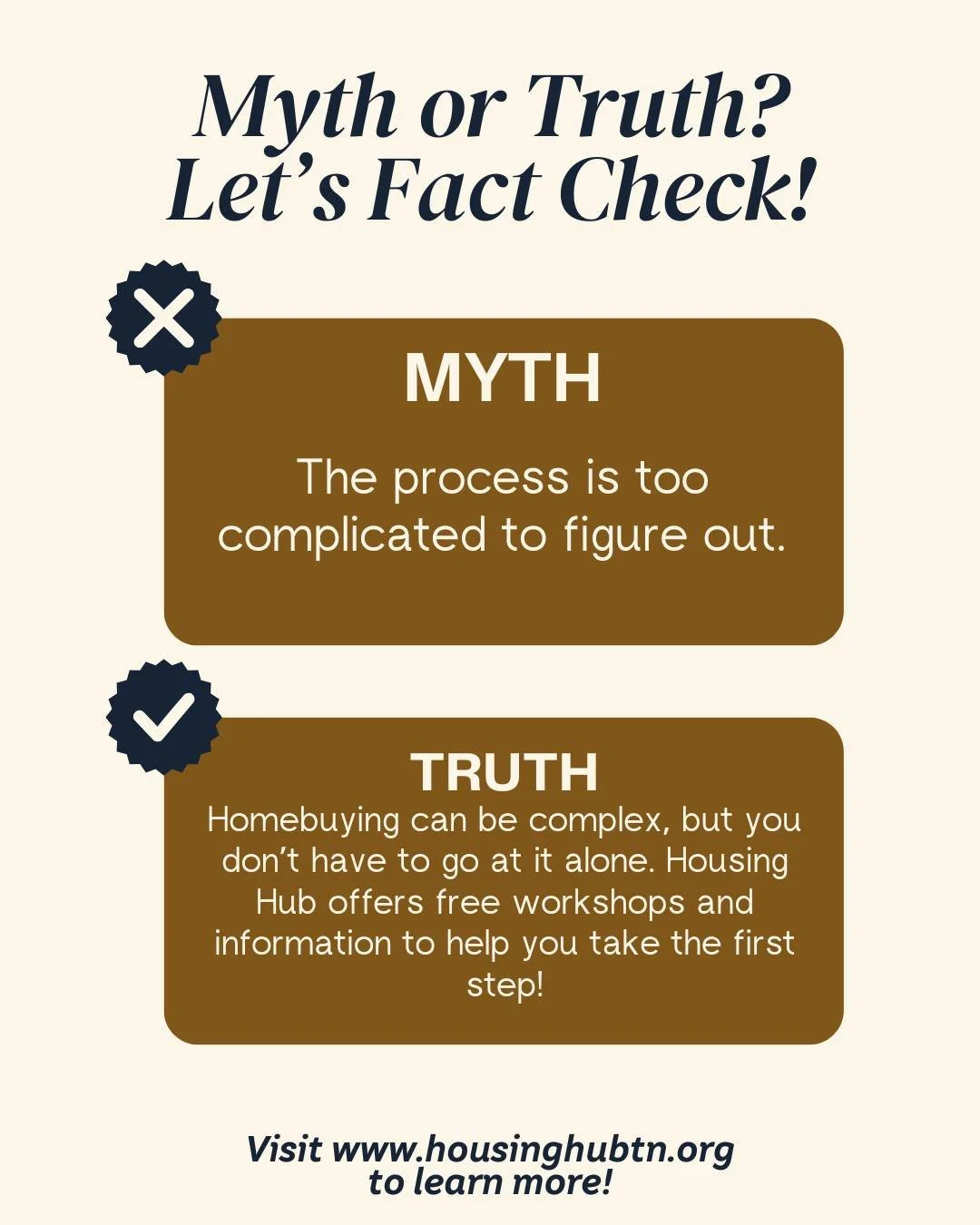 Myth Busting Mondays 💥💥 
Thinking about buying a home? Don’t let a myth hold you back! The truth? Homeownership is more possible than you think, especially with programs, such as Housing Hub’s designed to help first-time buyers. 
#Homeo